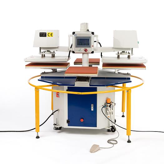 Transfer-carrousel with 2 hotpress heads and 4 pallet arms